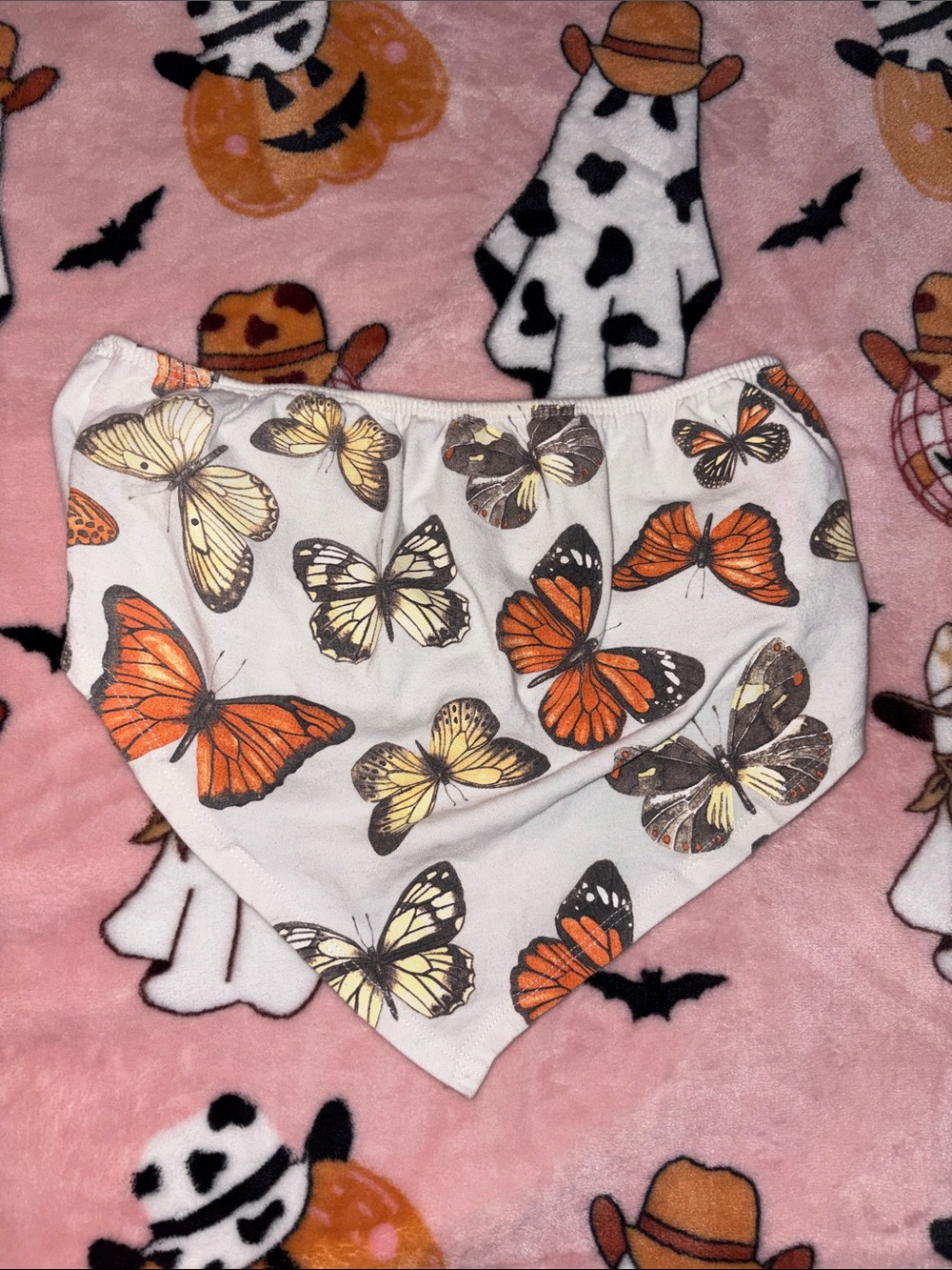 Forever 21 White Butterfly Print Tube top with Orange and Yellow Accents